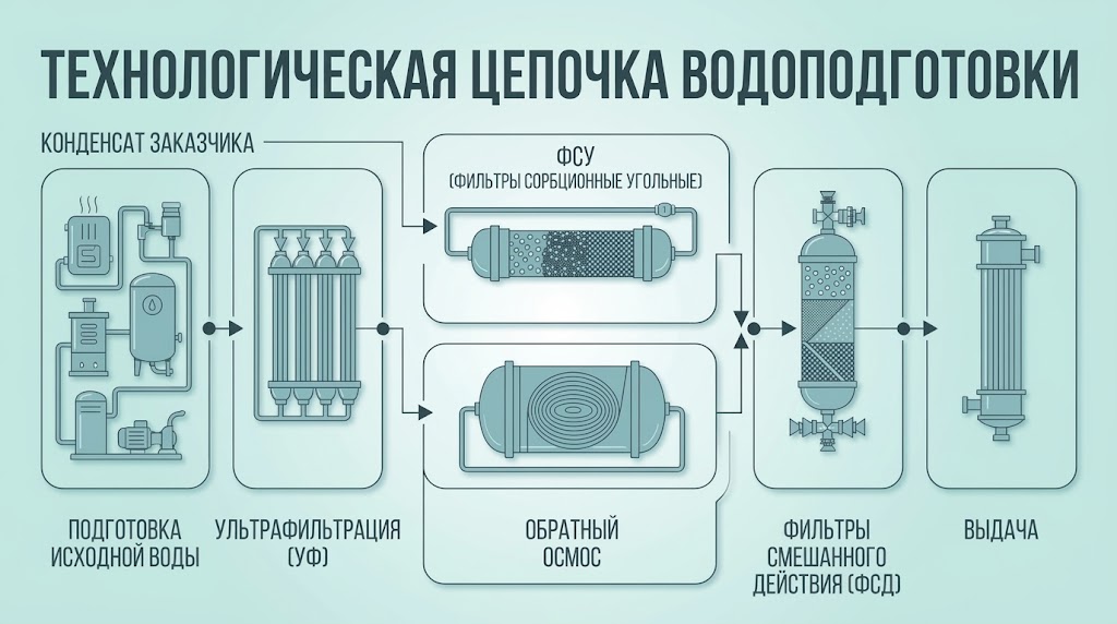 Технологическая цепочка установки водоподготовки &mdash; шесть этапов от подготовки исходной воды до теплообмена и выдачи