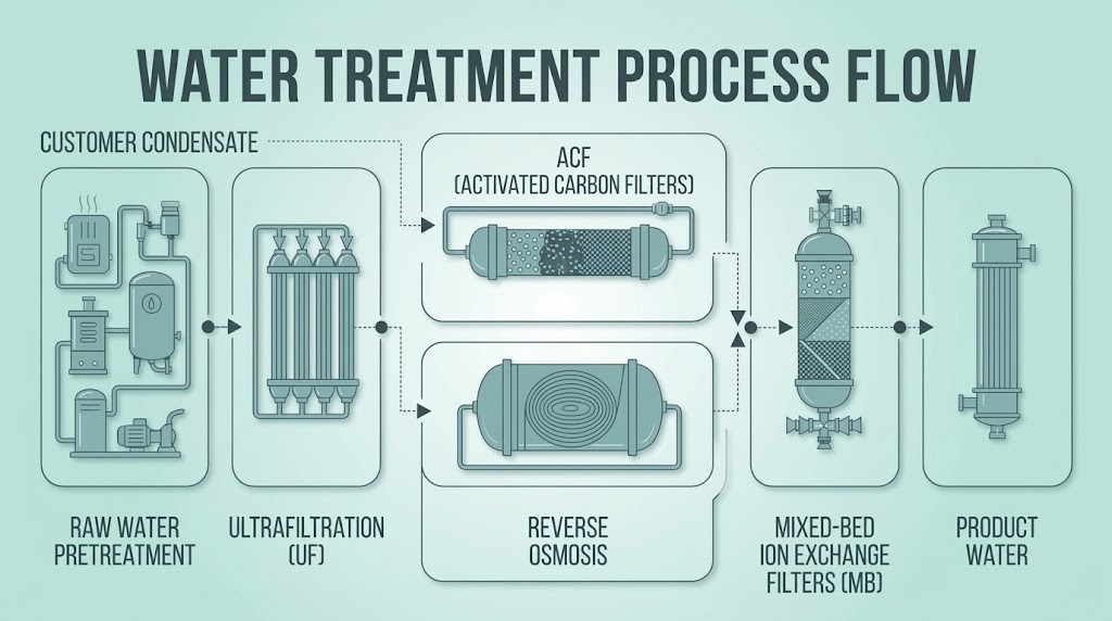 Water treatment process flow &mdash; six stages from raw water pretreatment to heat exchange and product water